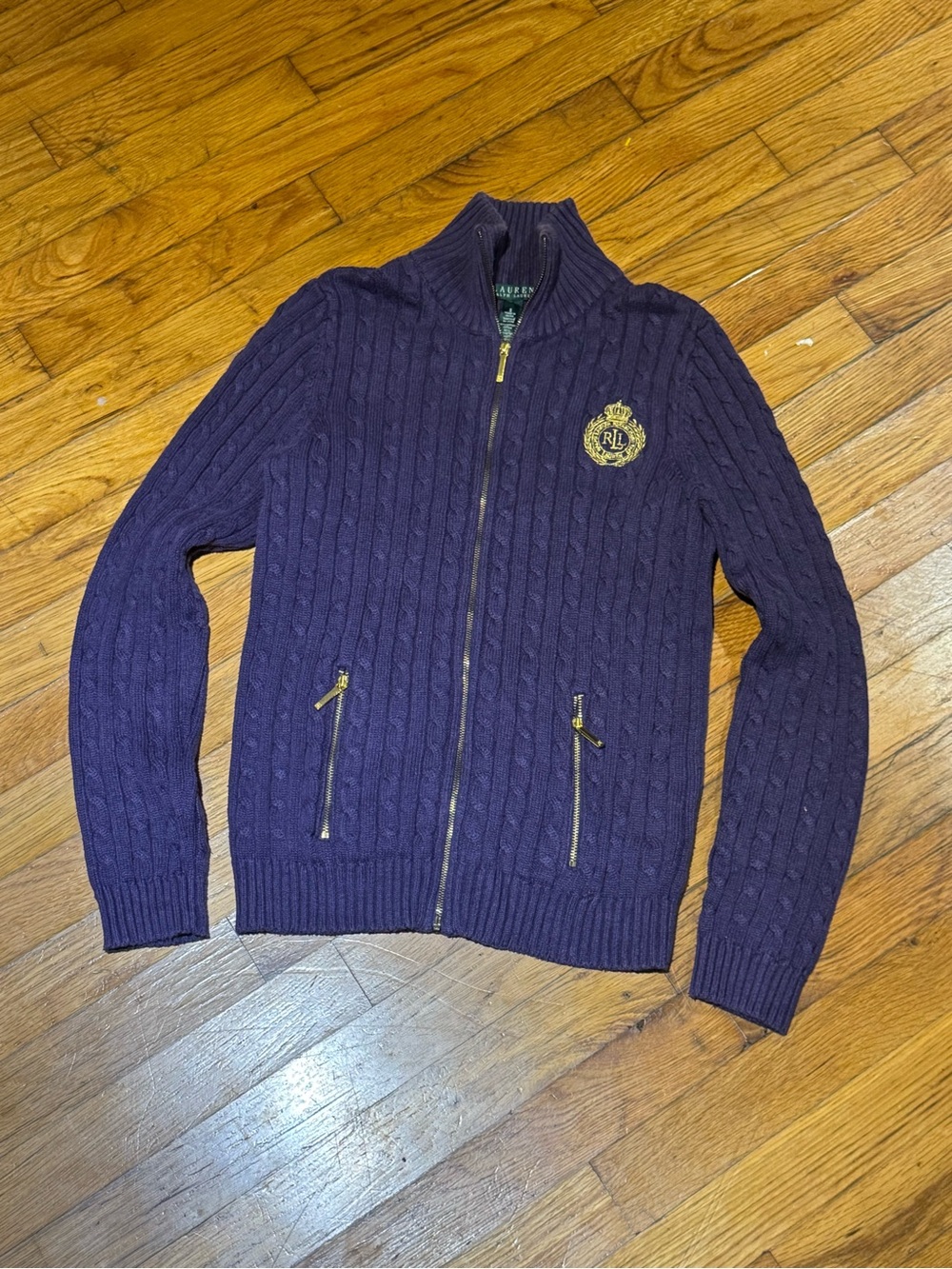 Ralph Lauren Women’s Purple Cable-Knit Zip Sweater (S)